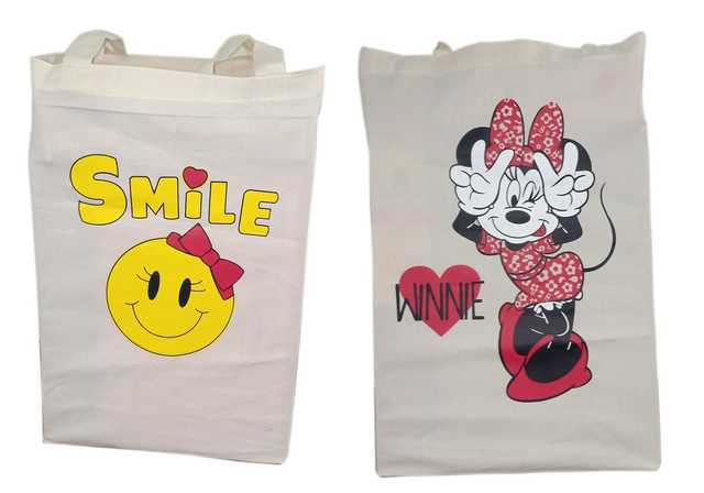 Cotton Cartoon Printed with Zip Closure Canvas Bag (Pack of 2, Off-White) (SS-365)