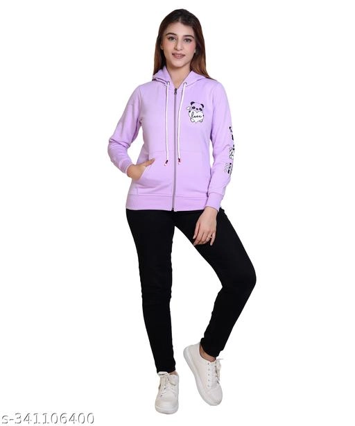 Fleece Printed Hoodie for Women (Lavender, XXL)