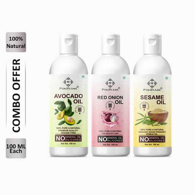 PuriFlame Pure Avocado Oil (100 ml) & Red Onion Oil (100 ml) & Sesame Oil (100 ml) Combo For Rapid Hair Growth (Pack Of 3) (B-2536)