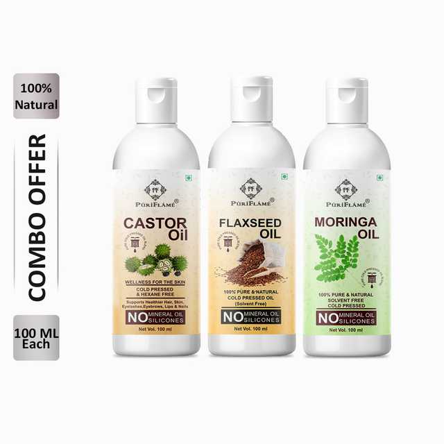 PuriFlame Pure Castor Oil (100 ml) & Flaxseed Oil (100 ml) & Moringa Oil (100 ml) Combo For Rapid Hair Growth (Pack Of 3) (B-3412)