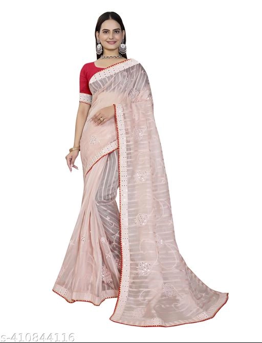 Organza Embroidered Saree for Women (Pink, 6.3 m)