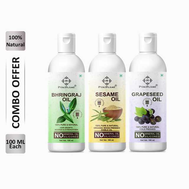 PuriFlame Pure Bhringraj Oil (100 ml) & Sesame Oil (100 ml) & Grapeseed Oil (100 ml) Combo For Rapid Hair Growth (Pack Of 3) (B-2906)