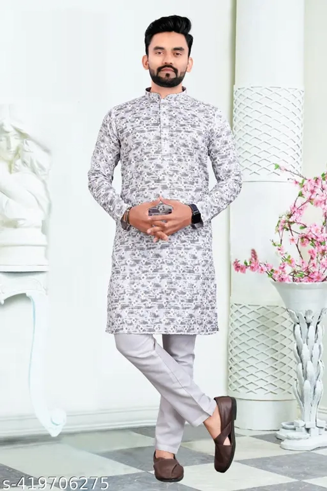 Cotton Blend Printed Kurta with Pyjama for Men (Grey & White, S)