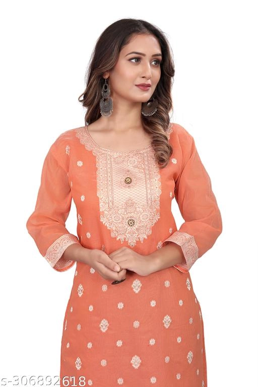 Cotton Embroidered Kurti for Women (Orange, L)