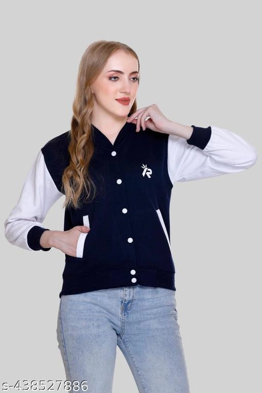 Fleece Solid Jackets for Women (Navy Blue & White, S)