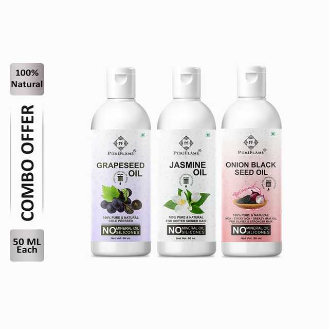 Puriflame Pure Grapeseed Oil (50 ml), Jasmine Oil (50 ml) & Onion Black Seed Oil (50 ml) Combo for Rapid Hair Growth (Pack Of 3) (B-10884)