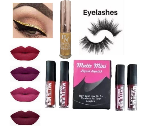 Combo of Matte Mini Liquid Lipsticks (4 Pcs) with Golden Eyeliner & Eyelashes (Multicolor, Set of 3)