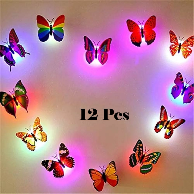 Plastic LED 3D Butterfly Wall Stickers (Multicolor, Pack of 12)