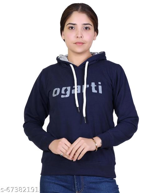 Cotton Blend Printed Hoodie for Women (Navy Blue, M)