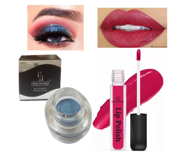 Combo of Mousse Glitter Pigment Eyeshadow with Lip Polish (Blue & Cherry, Set of 2)