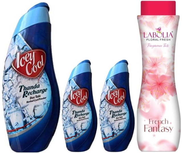 Combo of Labolia French Fantasy (400 g) with Icey Cool Deo (300 g) & 2 Pcs (50 g) Talcum Powders (Set of 4)