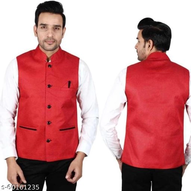 Jute Cotton Ethnic Jacket for Men (Red, M)