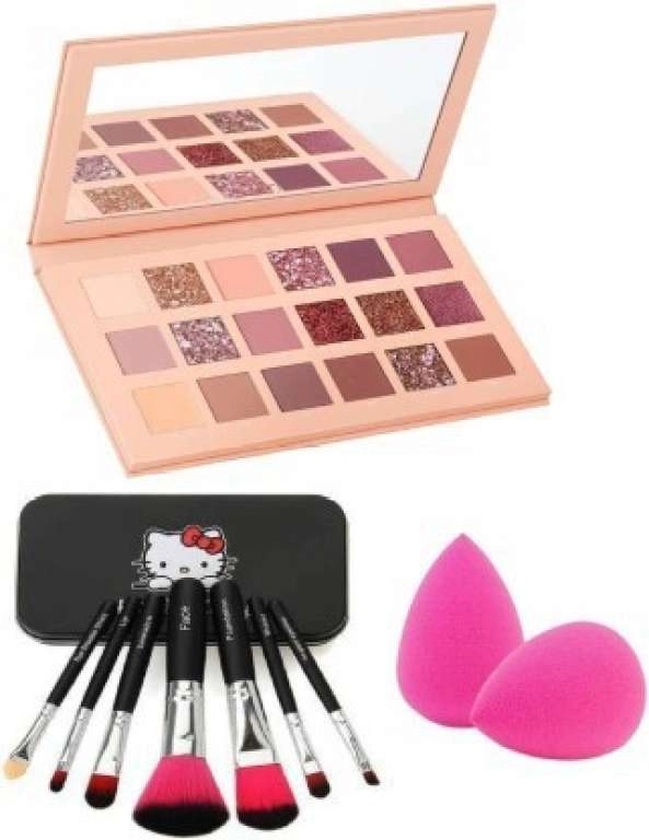 Combo of Eyeshadow Palette with 7 Pcs Makeup Brushes & 2 Pcs Blenders (Multicolor, Set of 3)