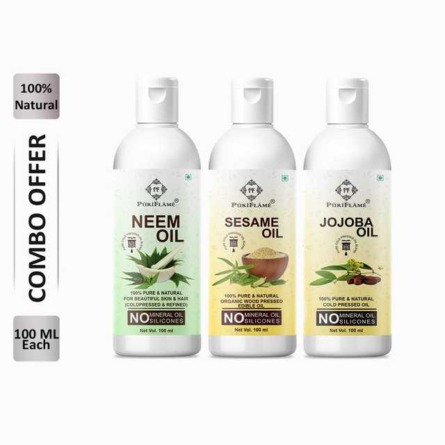 PuriFlame Pure Neem Oil (100 ml) & Sesame Oil (100 ml) & Jasmine Oil (100 ml) Combo For Rapid Hair Growth (Pack Of 3) (B-5986)
