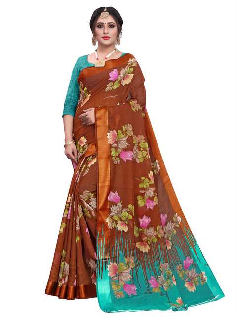 Trendy Cotton Linen Blend Saree With Blouse Piece For Women (Brown, 6.3 m) (M-2477)