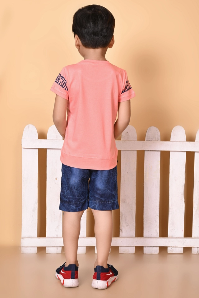 Cotton Blend Printed Clothing Set for Boys (Peach & Blue, 1-2 Years)