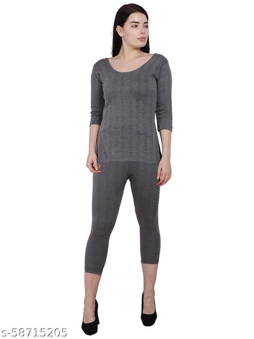 Cotton Blend Thermal Set for Women (Grey, M)