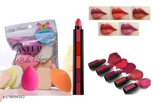 Makeup Blender Puffs Set with 5 in 1 Mini Lipsticks (Multicolor, Set of 2)