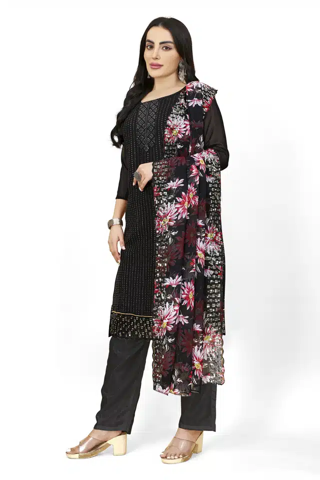 Embroidered Kurti with Pant and Dupatta (Black, L)