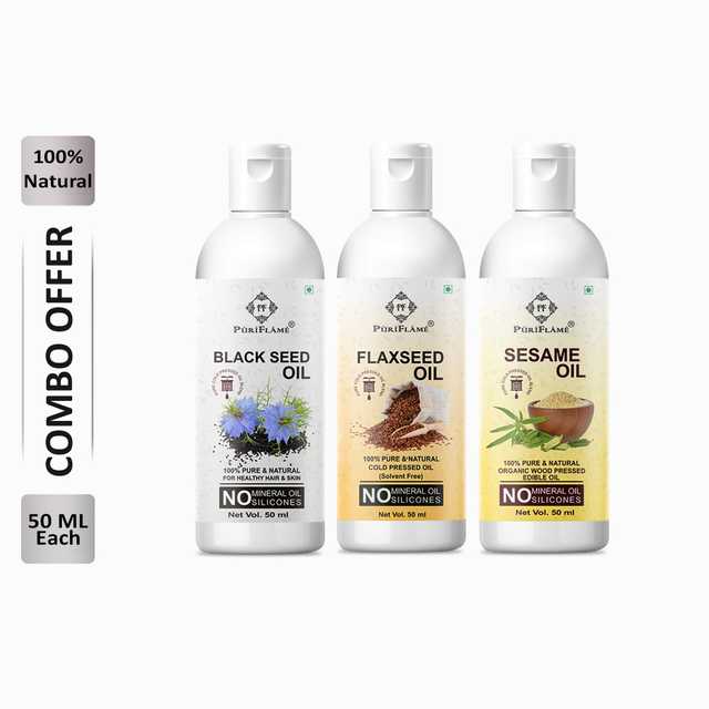 Puriflame Pure Black Seed Oil (50 ml), Flaxseed Oil (50 ml) & Sesame Oil ( 50 ml) Combo for Rapid Hair Growth (Pack Of 3) (B-9629)
