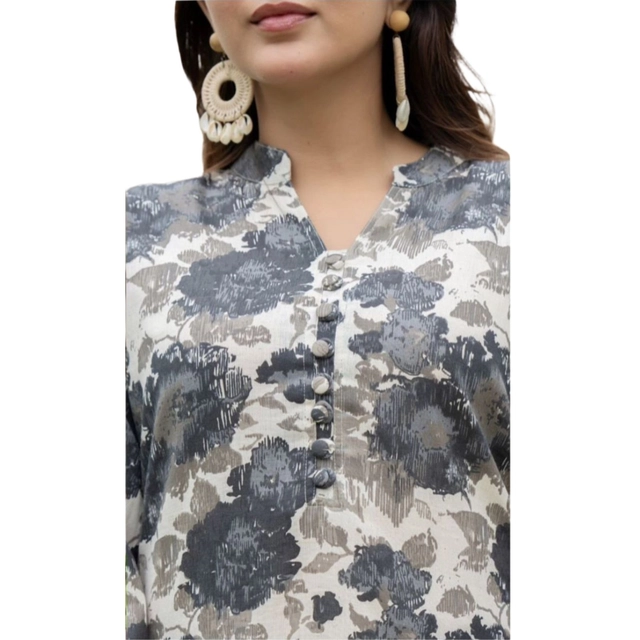 Rayon Printed Ethnic Top & Bottom Set for Women (Grey & White, M)