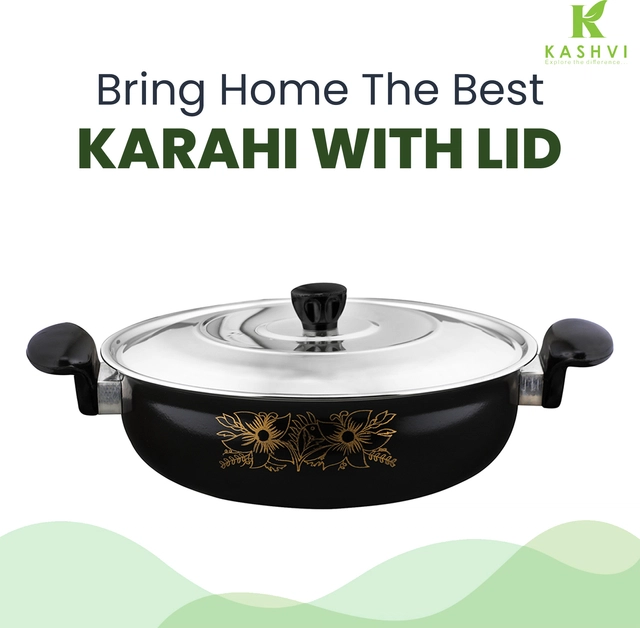 Cast Iron Kadai with Lid (Black & Silver, 28 cm)