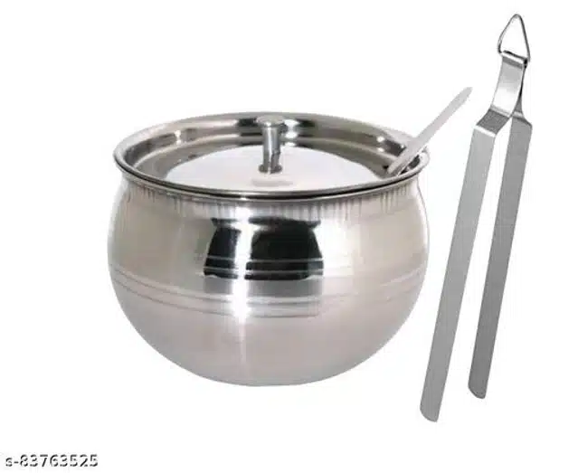 Stainless Steel Oil Container Pot Set with Cooking Tong (Silver, Set of 2)