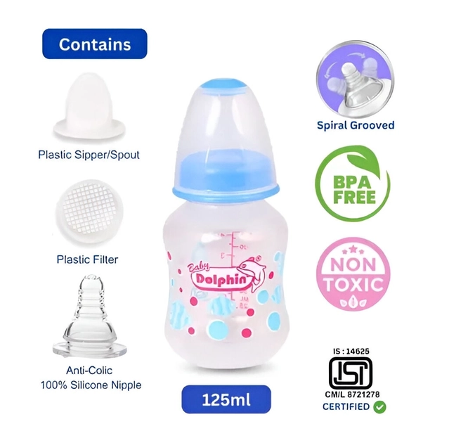 Baby Dolphin Anti-Colic Plastic Feeding Bottle 125ml | Pack of 1 |Liquid Silicone Nipple | BPA Free & Non-Toxic | Anti-Colic | Baby Feeder | Baby Milk Bottle