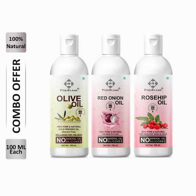 PuriFlame Pure Olive Oil (100 ml) & Red Onion Oil (100 ml) & Rosehip Oil (100 ml) Combo For Rapid Hair Growth (Pack Of 3) (B-6296)