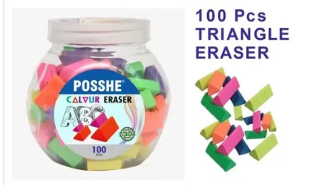 Posshe Tringle Erasers with Box for Kids (Multicolor, Pack of 100)