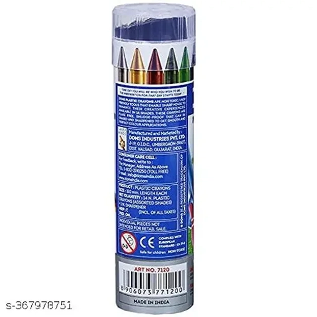 DOMS Round Tin Plastic Crayons with free sharpener (Full size, 14 Shades, Pack of 1)