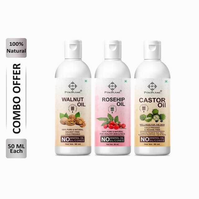 Puriflame Pure Walnut Oil (50 ml), Rosehip Oil (50 ml) & Castor Oil ( 50 ml) Combo for Rapid Hair Growth (Pack Of 3) (B-14073)