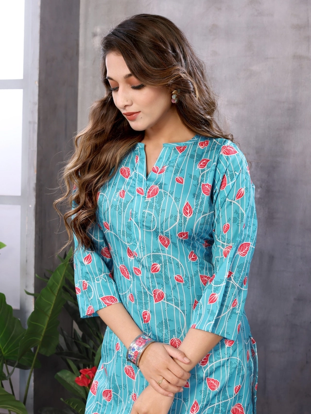 Crepe Printed Kurti for Women (Turquoise, XXL)