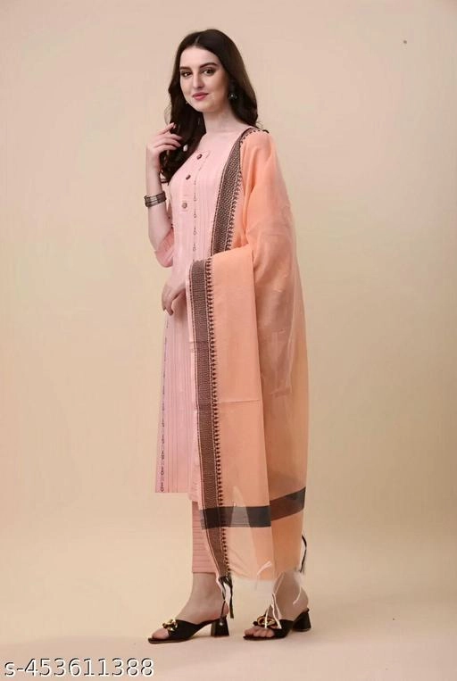 Cotton Solid Kurti with Pant & Dupatta for Women (Pink, S)