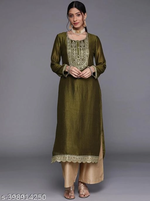 Silk Embroidered Kurti for Women (Olive, XS)