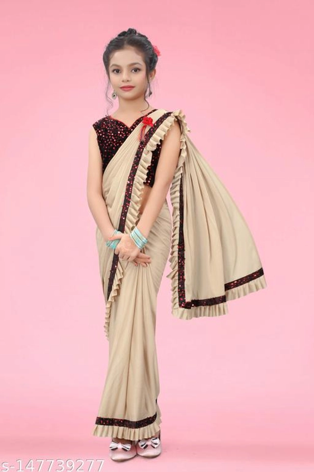 Solid Fancy Saree for Girls with Blouse (Beige, 3-4 Years)