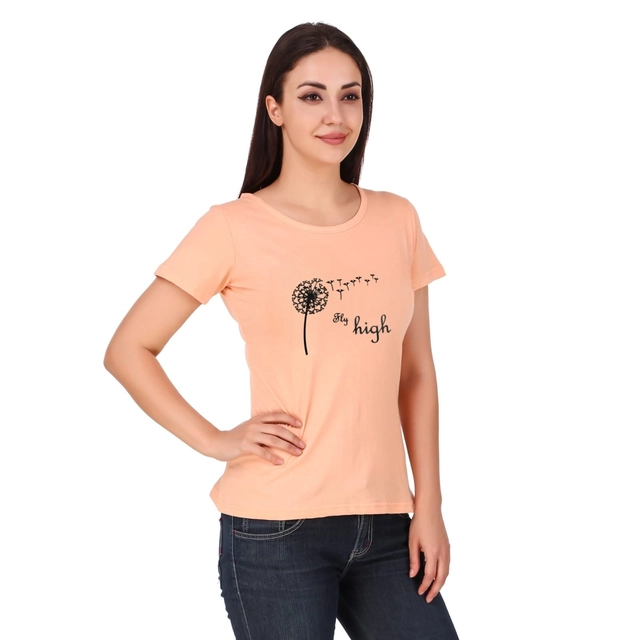 Round Neck Printed T-Shirt for Women (Peach, S)