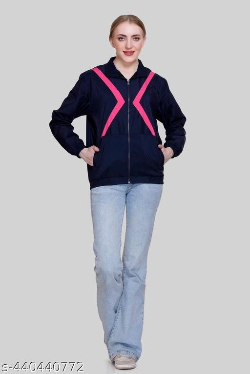 Nylon Solid Jackets for Women (Navy Blue, M)