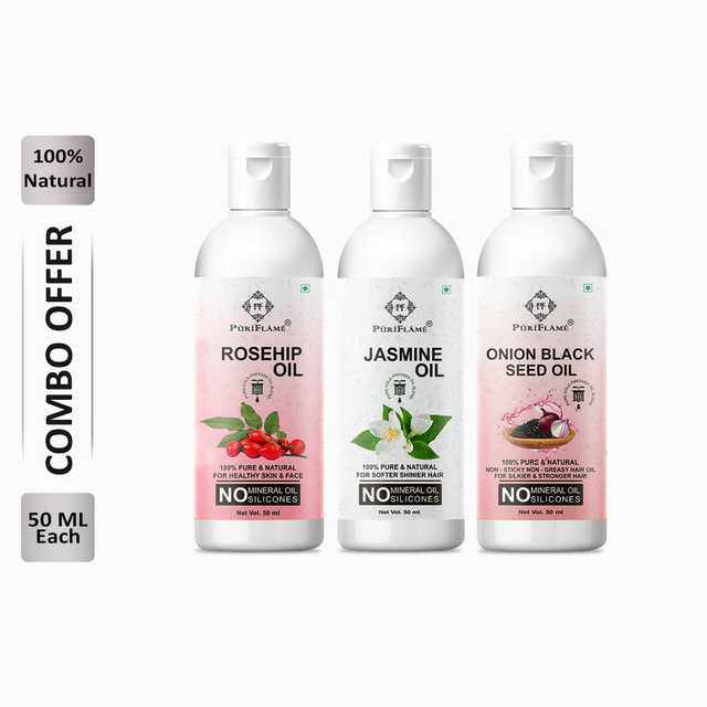 Puriflame Pure Rosehip Oil (50 ml), Jasmine Oil (50 ml) & Onion Black Seed Oil (50 ml) Combo for Rapid Hair Growth (Pack Of 3) (B-13350)