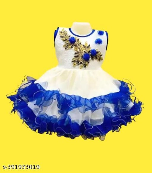 Net Frock for Girls (Blue & White, 0-3 Months)