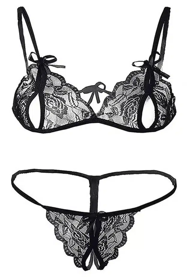 Women's Bra and Panty Set (Black, Free Size) (Set of 1) (F-1255)