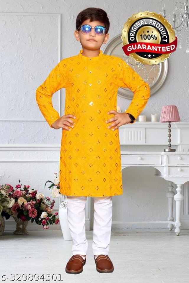 Cotton Blend Kurta Sets for Boys (2-3 Years, Yellow & White)