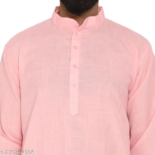 Cotton Blend Solid Kurta with Pyjama for Men (Pink & White, S)