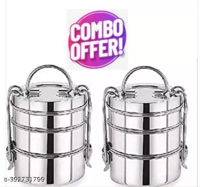 Stainless Steel 3 Compartment Lunch Box (Silver, Pack of 2)