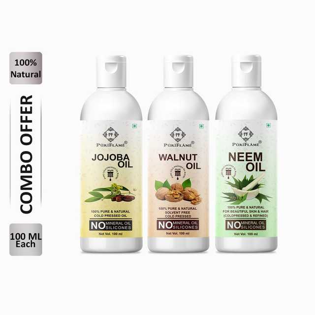 PuriFlame Pure Jojoba Oil (100 ml) & Walnut Oil (100 ml) & Neem Oil (100 ml) Combo For Rapid Hair Growth (Pack Of 3) (B-5321)