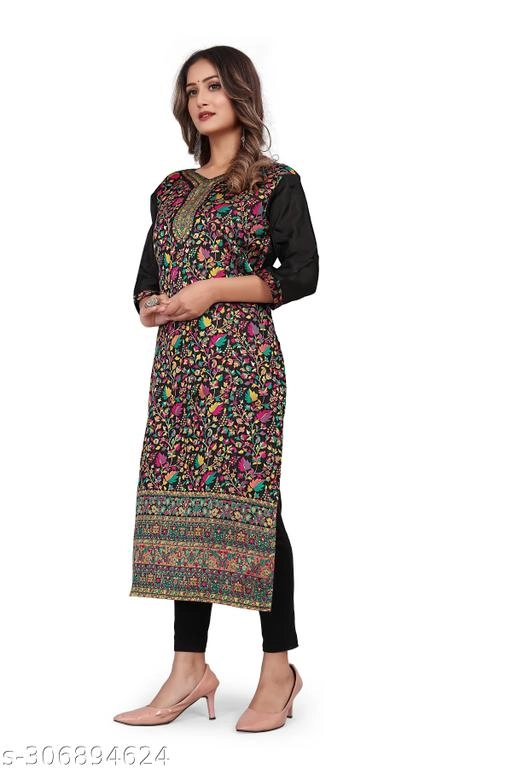 Pashmina Embroidered Kurti for Women (Black, L)