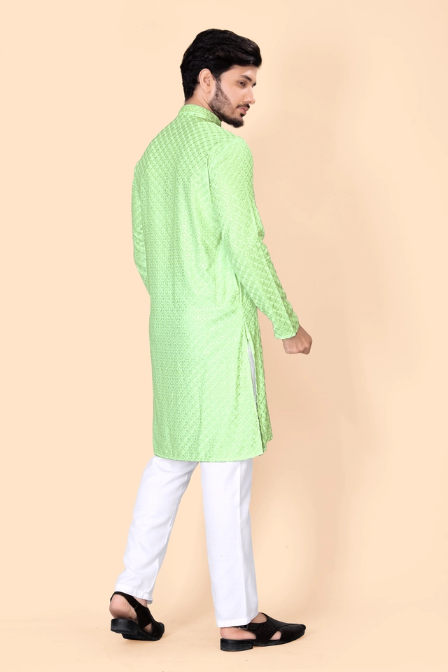 Cotton Blend Embroidered Kurta for Men (Mint Green, S)