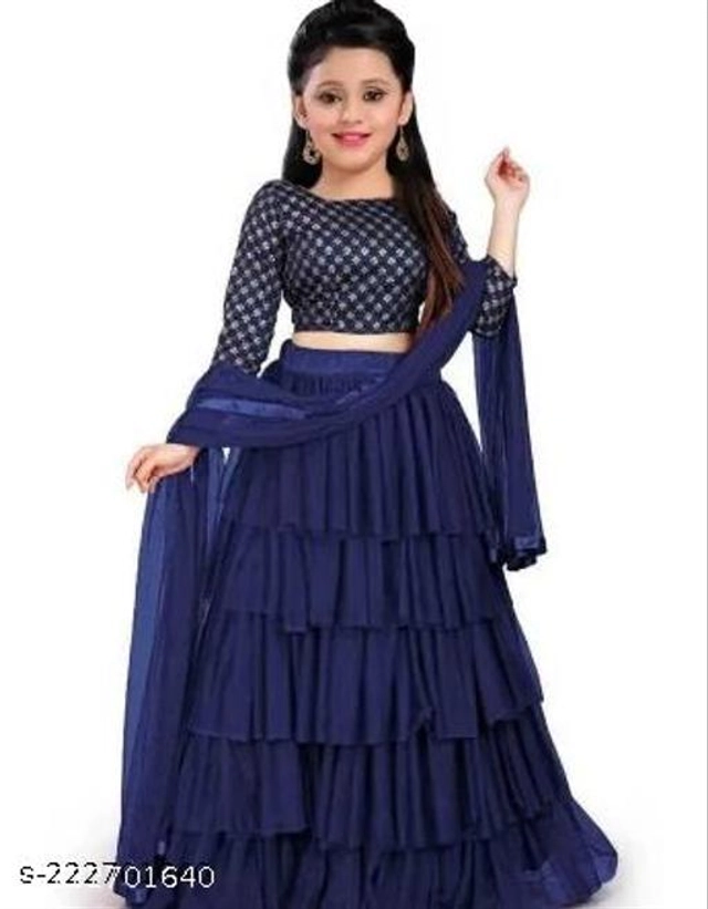 Net Solid Lehenga Choli with Dupatta for Girls (Navy Blue, 1-2 Years)