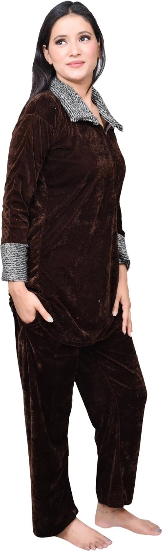 Velvet Solid Nightsuit for Women (Brown, M)