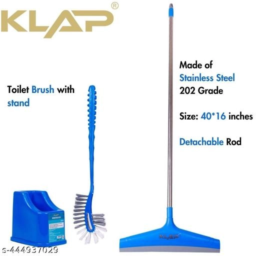 Hockey Shape Toilet Cleaner Brush with Holder Stand with Wiper (Blue, Set of 2)